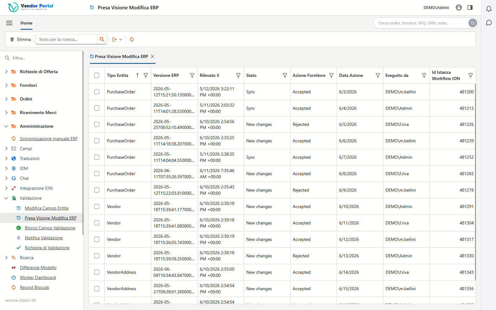 Lista ERP Change Acknowledgement: modifiche rilevate dall'ERP con stato, azione fornitore e data
